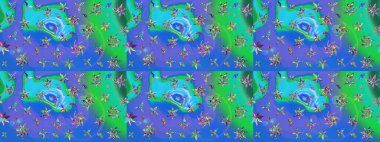 Parlak renkli çiçekleri olan ve mavi ve yeşil renkli yaprakları olan harika bir çiçek deseni. Moda baskıları için zarif bir şablon. Modern çiçek arkaplanı. Halk stili.