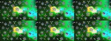 Raster illüstrasyonu. Asya tekstil tarzında. Raster illüstrasyonu. Yeşil ve mavi renkte çiçekler. Çiçek desenini çiz.