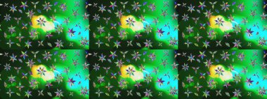 Raster illüstrasyonu. Asya tekstil tarzında. Raster illüstrasyonu. Yeşil ve mavi renkte çiçekler. Çiçek desenini çiz.