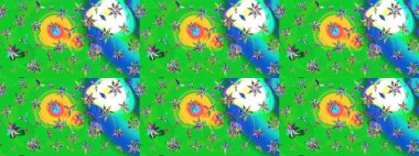 Eskiz arkaplan modeli. Raster - stok. Yapraklı çiçekler ve yeşil ve mavi renkli papatya çiçekleri..