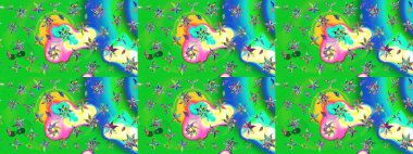 Raster geleneksel halk çiçekleri, tekstil tasarımı için yeşil ve mavi renkli. Üzerinde gelincikler ve vadi zambakları olan renkli çiçek desenli nakış..