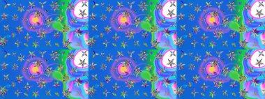 Mavi ve mor renkler üzerine çiçek desenli eskiz, el yapımı papatyalar, papatyalar. Tekrarlayan çiçek arkaplanı, zarif mavi ve menekşe çiçek duvar kağıdı.