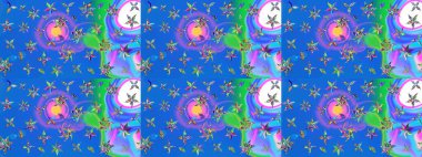 Mavi ve mor renkler üzerine çiçek desenli eskiz, el yapımı papatyalar, papatyalar. Tekrarlayan çiçek arkaplanı, zarif mavi ve menekşe çiçek duvar kağıdı.