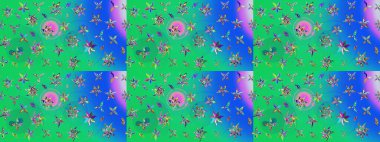 Yeşil ve mavi renkte çiçekler. Düz Çiçek Elementleri Tasarımı. Sevimli çiçek raster deseni. Renkli Bahar Teması çizim şablonu.