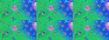 Hediye ambalaj kağıdı, tebrik kartları, posterler ve pankart tasarımı. Raster düz çiçek çizim deseni. Yeşil ve mavi renkte çiçekler.