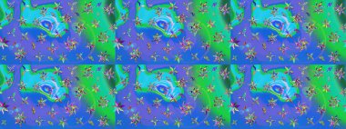 Parlak renkli çiçekleri olan ve mavi ve yeşil renkli yaprakları olan harika bir çiçek deseni. Moda baskıları için zarif bir şablon. Modern çiçek arkaplanı. Halk stili.