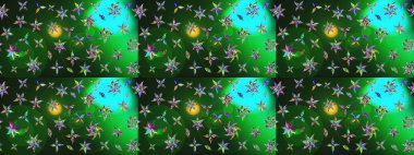 Yeşil ve mavi arka planda. Elle çizilmiş çiçek desenli Raster çizimi. Tekstil, kumaş, ambalaj, hatıra defteri için hoş bir çiçek arkaplanı. Çocuksu tasarım.