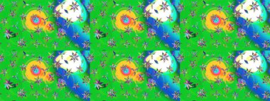 Eskiz arkaplan modeli. Raster - stok. Yapraklı çiçekler ve yeşil ve mavi renkli papatya çiçekleri..