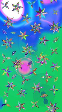 Raster illüstrasyonundaki çiçek desenli çizim. Renkli Bahar Teması eskiz kalıbı. Yeşil ve mavi renkte çiçekler. Düz Çiçek Elementleri Tasarımı.