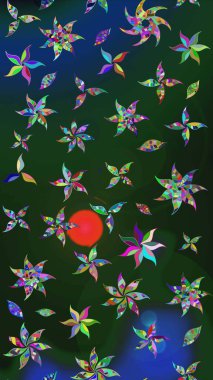 Raster illüstrasyonu. Mavi ve yeşil renkli çiçekler. Tropikal çizim çiçek deseni.