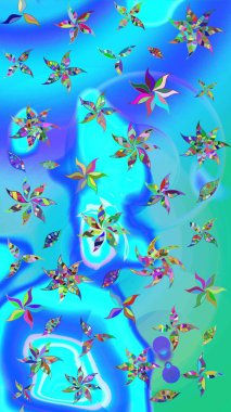 Raster düz çiçek çizim deseni. Hediye ambalaj kağıdı, tebrik kartları, posterler ve pankart tasarımı. Mavi ve yeşil renkte çiçekler.