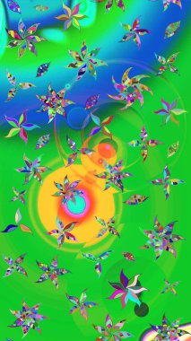 Raster düz çiçek çizim deseni. Hediye ambalaj kağıdı, tebrik kartları, posterler ve pankart tasarımı. Yeşil ve mavi renkte çiçekler.