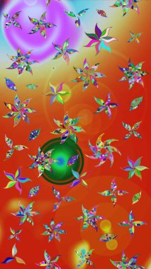 Turuncu ve kırmızı renkli Asya tekstili. Raster illüstrasyonu. Çiçek desenini çiz.