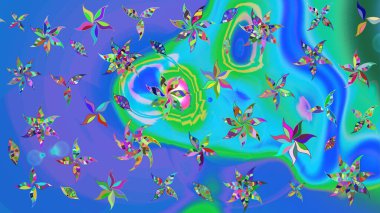 Mavi ve yeşil renkli çiçekler. Raster illüstrasyonunda çiçek deseni çizimi.