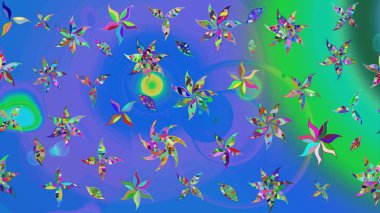 Motley illüstrasyonu. Mavi ve yeşil çiçekli bahar çiçekleri. Küçük çiçekte güzel bir desen. Küçük renkli çiçekler. Moda baskıları için zarif bir şablon.