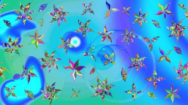 Renkli grunge, soyut arkaplanı kolomavi ve yeşil çiçeklerle süslüyor. Parmak izi, kumaş, duvar kâğıdı, tekstil için raster dokusu. Nakış desenli çiçek deseni..