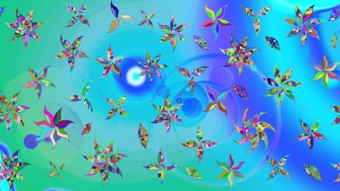 Çiçek süslemeli çizim deseni. Mavi ve yeşil renkli çiçekler. Raster illüstrasyonu.