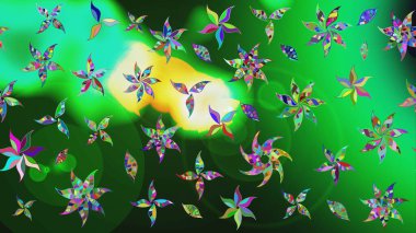 Şirin çiçekli eskiz deseni ve yeşil ve mavi renkli yapraklar, suluboya çiçek deseni, duvar kağıdı, kart ya da kumaş için fayanslı. Raster illüstrasyonu.