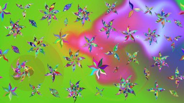 Yeşil ve mor renkli çiçekler. Tropik çiçek desenleri. Raster illüstrasyonu.