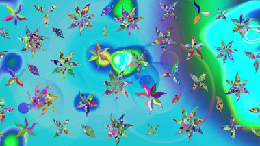 Yumuşak, bahar çiçekli arka plan. Çiçekli karalama şeklinde Raster çiçek deseni. Mavi ve yeşil renkte çiçekler.