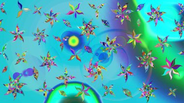 Mavi ve yeşil renkli çiçekler. Raster illüstrasyonundaki çiçek desenli çizim. Renkli Yaz Temalı eskiz kalıbı. Düz Çiçek Elementleri Tasarımı.