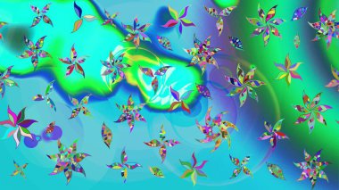 Mavi ve yeşil renkli çiçekler. Raster düz çiçek çizim deseni. Tasarım hediye paketi, tebrik kartları, posterler ve afiş tasarımı.