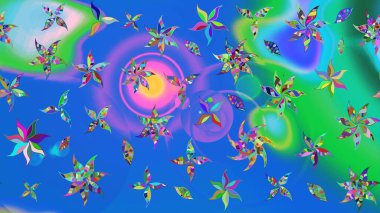 Mavi ve yeşil renkli çiçekler. Raster düz çiçek çizim deseni. Tasarım hediye paketi, tebrik kartları, posterler ve afiş tasarımı.