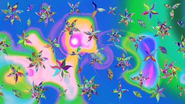 Renkli Bahar Teması eskiz kalıbı. Çiçek desenli eskiz. Düz Çiçek Elementleri Tasarım Raster illüstrasyonu. Mavi ve yeşil renkte çiçekler.