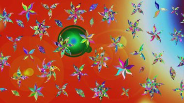 Raster illüstrasyonu. Çiçek desenli çizim. Düz Çiçek Elementleri Tasarımı. Renkli Bahar Teması eskiz kalıbı. Çiçekler turuncu ve kırmızı renklerde. Asya tekstil tarzında.