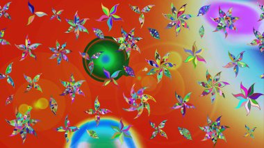 Düz Çiçek Elementleri Tasarım Raster illüstrasyonu. Turuncu ve kırmızı renkte çiçekler. Renkli bahar temalı eskiz kalıbı. Çiçekli çiçek deseni, suluboya..