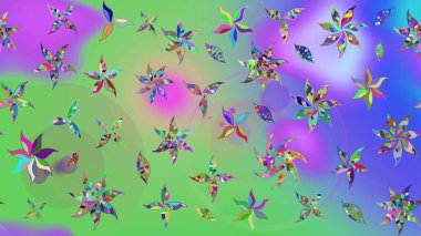 Moda baskıları için zarif bir şablon. Parlak renkli çiçekleri ve yeşil ve menekşe rengi yaprakları olan harika bir çiçek deseni. Modern çiçek arkaplanı. Halk stili.