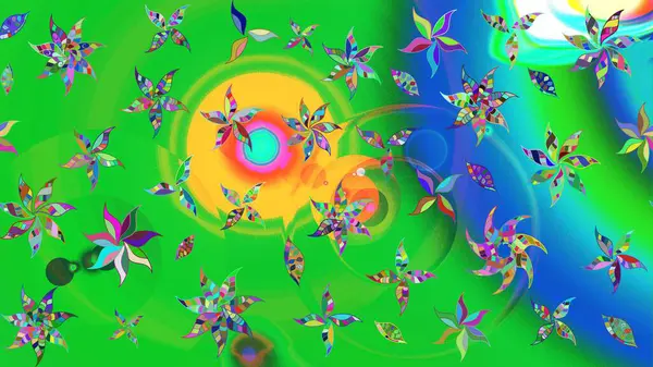Çiçek tasarımı için inanılmaz bir kolaj cenneti tarzı. Parlak çiçekli kolaj çiçekleri yeşil ve mavi. Çiçekli zambaklar eskiz arka planı.