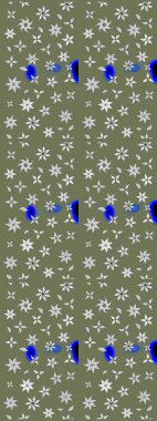 Şirin çiçekli eskiz deseni ve yeşil ve beyaz renklerde yapraklar, suluboya çiçek deseni, duvar kağıdı, kart veya kumaş için fayanslı. Raster illüstrasyonu.