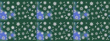 Raster illüstrasyonu. Çiçekli yumuşak bir eskiz şekli. Raster çiçekleri klasik tarzda çizilmiş. Yeşil ve mavi renklerde bahar çiçekleri..