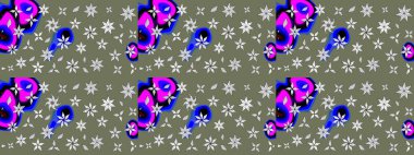 Yeşil ve mavi renklerde. Raster illüstrasyonu. 3D çiçekler, çizim.