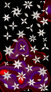 Raster illüstrasyonu. Siyah ve mor renklere karalamalar çizilmiş çiçek deseni.