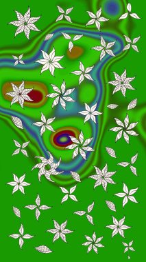 Şirin çiçekli eskiz deseni ve yeşil ve nötr renklerde yapraklar, suluboya çiçek deseni, duvar kağıdı, kart ya da kumaş için fayanslı. Raster illüstrasyonu.