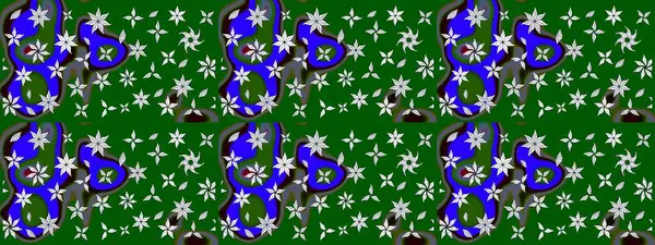 Suluboya elle çizilmiş çiçek desenli eskiz deseni. Parlak renkli fantezi çiçekleri, yapraklar, yeşil ve mavi renkli tomurcuklar yeşil ve mavi.