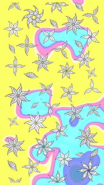 Raster illüstrasyonu. Çiçek ve yapraklı karalama şeklinde Raster çiçek deseni. Sarı ve mavi renklerde bahar çiçekleri..