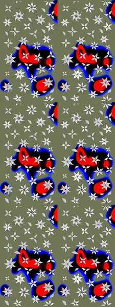 Küçük çiçekteki sevimli çiçek deseni. Varicologreen ve siyah raster çizimi. Birçok yeşil ve siyah soyut çiçekli tropikal çizim deseni.