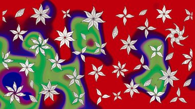 Tatil havası. Bahar mevsimi. Nazik romantik baskı. Çiçekler kırmızı ve yeşil renklerde. Raster güzel bir çiçek deseni çiziyor..