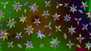 Raster illüstrasyonu. Çiçek desenli çizim. Yeşil ve kahverengi renkli Asyalı tekstil.