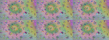 Vadinin çiçekleri tarafsız ve yeşil renklerde. Çiçekler. Soyut etnik raster çizim kalıbı.