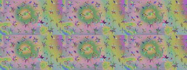 Eskiz geçmişi. Kumaş, tekstil, duvar kağıdı baskısı için. Eski usul. Raster illüstrasyonu. Renkli desenli eskiz deseni, nötr ve yeşil çiçekler ve dekoratif elementler.