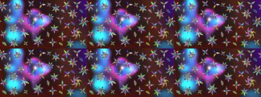 Raster illüstrasyonu. Eskiz geçmişi. Renkli desenli eskiz deseni, kahverengi ve mavi çiçekler ve dekoratif elementler. Kumaş, tekstil, duvar kağıdı baskısı için. Antika retro tarzı.