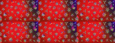 Raster illüstrasyonu. Kırmızı ve mor renkte çiçek çizimi. Şatafatlı bahar bahçesi dokusu. Çiçek deseni. Kırmızı ve mor renkte çiçekler.