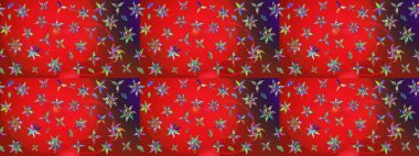 Raster - stok. Yapraklı çiçekler ve kırmızı ve kahverengi renkli papatya çiçekleri. Taslak arkaplan deseni.