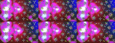 Raster illüstrasyonu. Şirin çiçekli eskiz deseni ve menekşe ve kırmızı renklerde yapraklar, suluboya çiçek deseni, duvar kağıdı, kart veya kumaş için fayanslı.