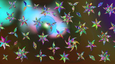 Raster illüstrasyonu. Kahverengi ve yeşil renklerde bahar çiçekleri. Yaprak ve çiçekleri suluboya boya boya, kahverengi ve yeşil renkler üzerine çizim deseni.