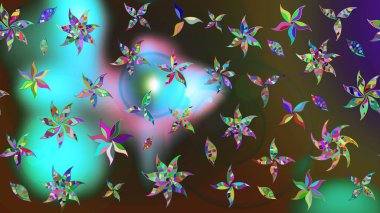 Raster illüstrasyonu. Yumuşak, yeşil ve kahverengi renklerde bahar çiçekleri. Raster deseni. Patlayan çiçekler soyut yerleştirilmiş.